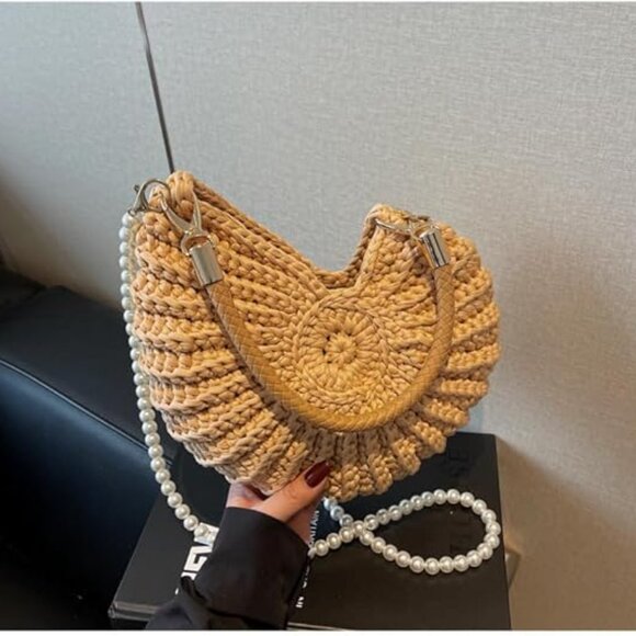 Neiman Marcus Handwoven Crochet Seashell Bag with Pearl Chain Handle - Picture 4 of 4